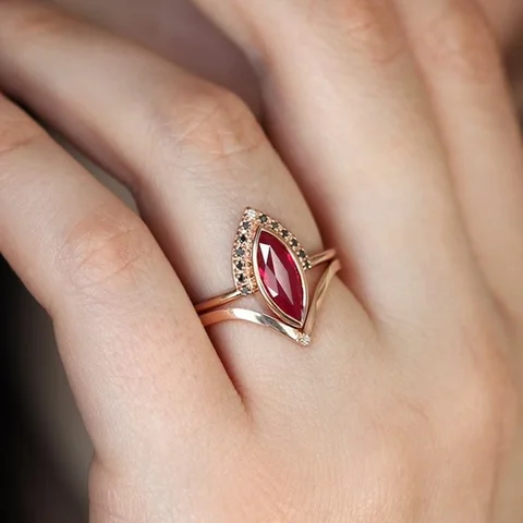 Unique Natural Rhombus 2 In 1 Ruby Rose Gold Ring for Women Marquise Bridal Wedding Ring Fine Jewelry Wholesale
