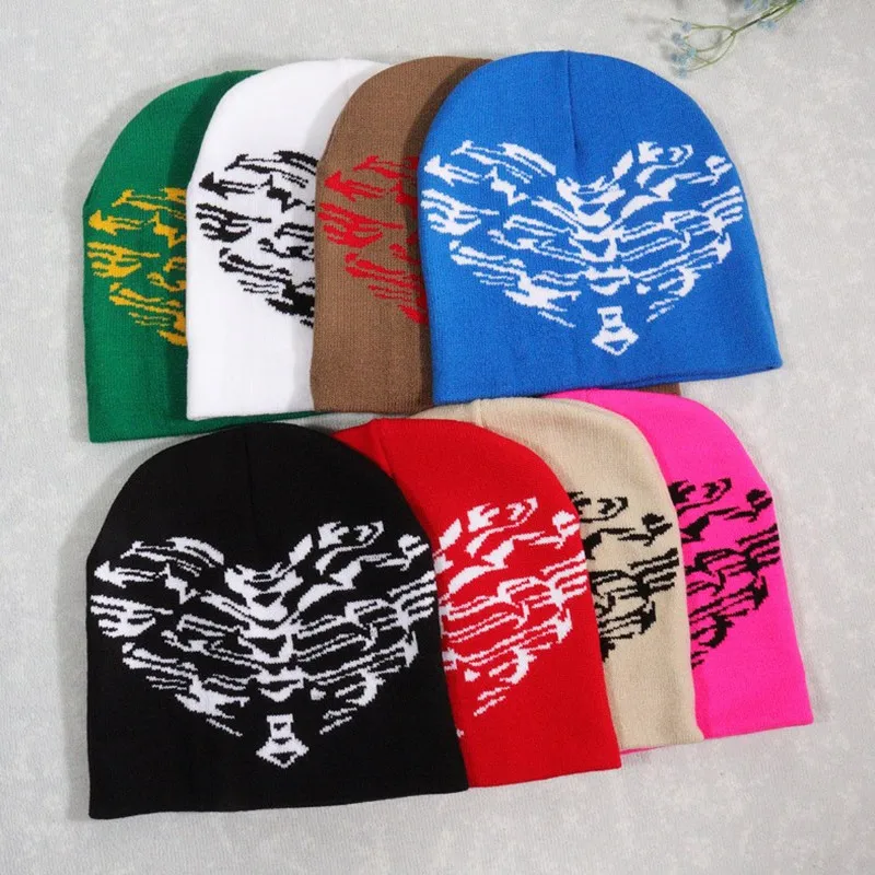

Unisex Knitting Beanies Hat Love Heart Skull Jacquard Y2K Streetwear Caps Men Women Hundred Take Cold Hats Students Wool Caps