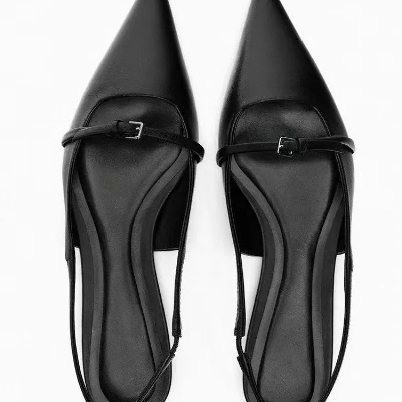 

2024 New Bling Women Sandal Fashion Pointed Toe Shallow Slip on Ladies Elegant Slingback Shoes Med Heel Flat Shoes