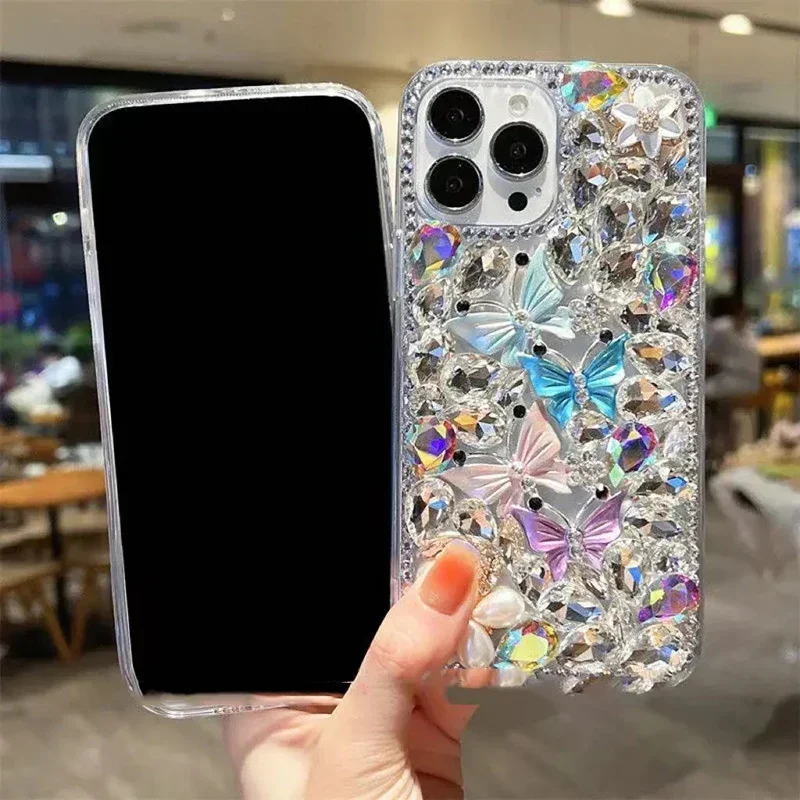 Luxury Manual Inlaid Rhinestone Butterfly Phone Case for Xiaomi Redmi 9A 9C Note8 9Pro Note10S Note11 Pro 12Pro Hard Cases