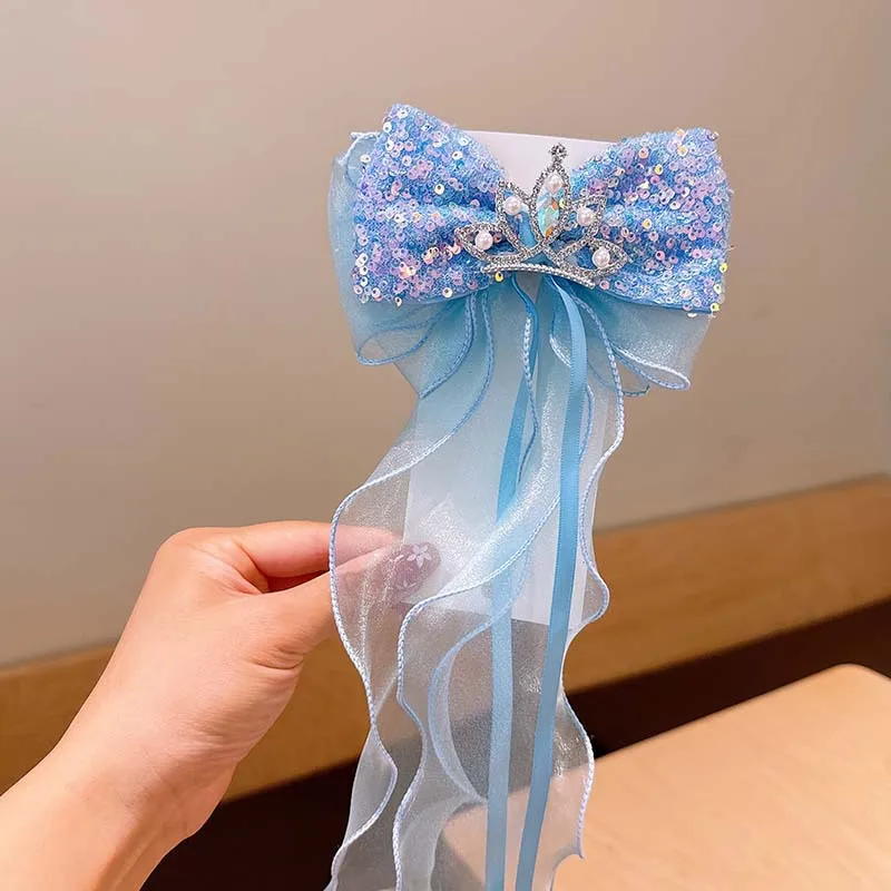어린이 얼음과 눈 공주 활 반짝 이는 리본 머리핀 어린 소녀 크라운 보석 탑 클립 땋은 요정 머리핀