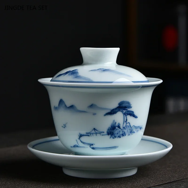 1PCS 140ml Chinese blue and white porcelain gaiwan home high-grade palace style tea maker Chinese beauty small tea bowl