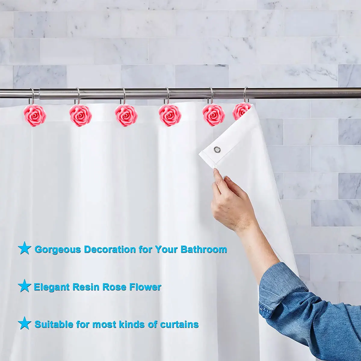 Shower Curtain Hooks Resin Rose Flower Decorative Rings Bathroom Baby Room Bedroom Living Room 12Pcs