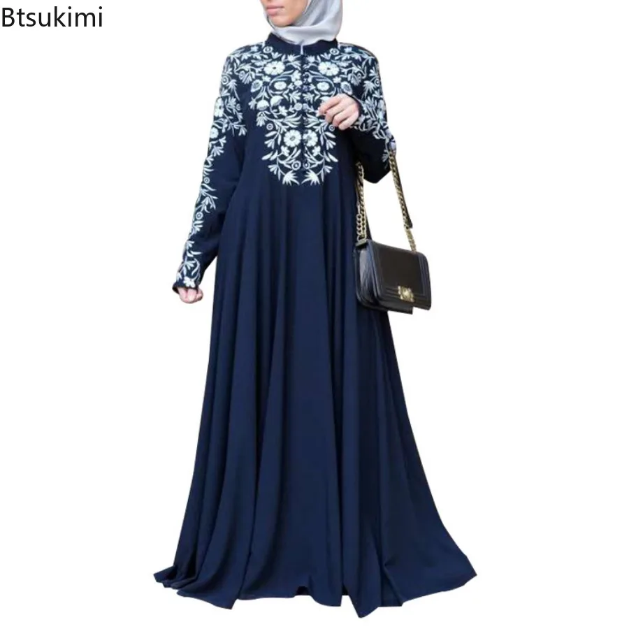 Eid Muslim Maxi Dress for Women Abaya Hijab Turkey Kaftan Ethnic Style Printed Stand Collar Robe Female Elegant Vintage Vestidos