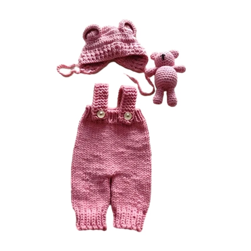 

Детский костюм для фотосессии, вязаный комбинезон на подтяжках, шапка-бини, кукла-медведь, реквизит для фотосессии приятный для