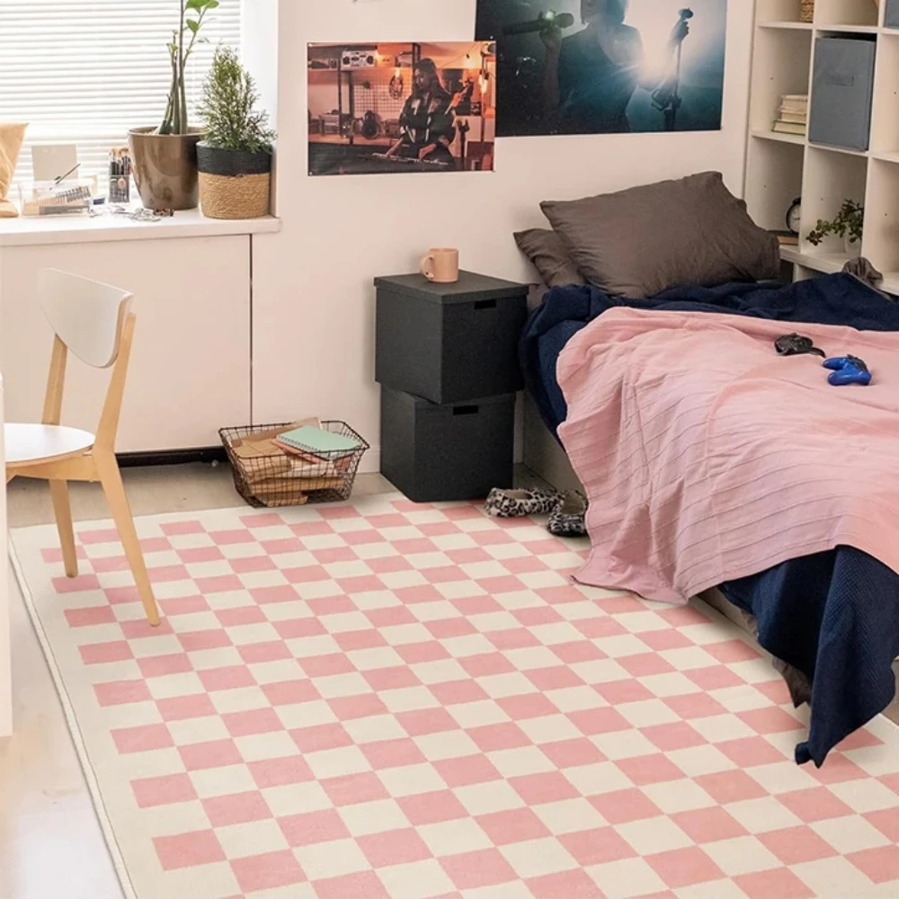 

Pink Plaid Carpet for Living Room, Bedroom Decor, Red Checkerboard Rug, Soft Shaggy, Machine Washable, Bedside Are Available