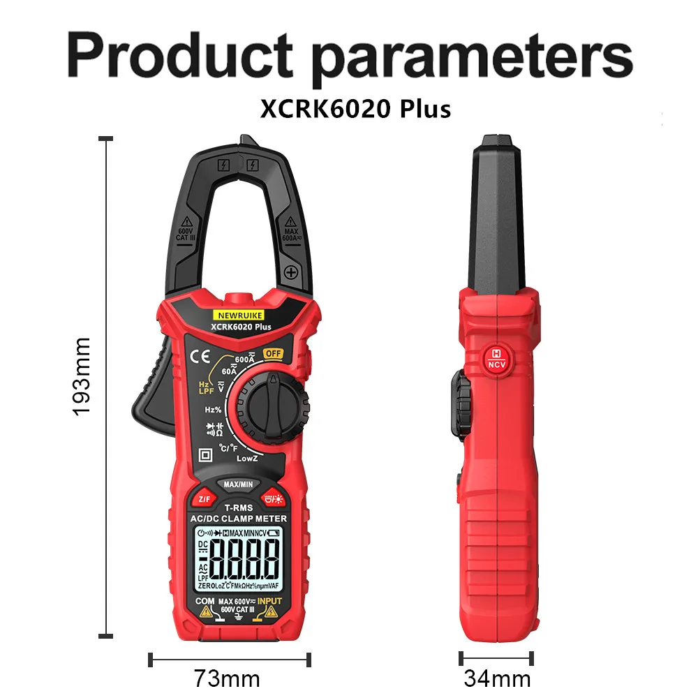 NEWRUIKE XCRK6020+ Digital Clamp Meter DC/AC Current 600A