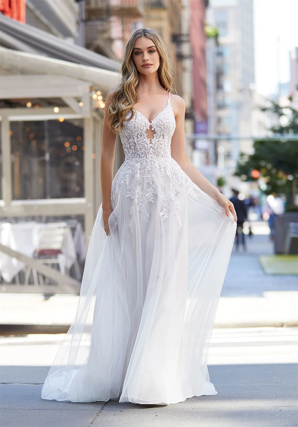 

FIDDY898 Spaghetti Strap Appliqued Wedding Dresses Sweetheart A-line Elegant Bridal Gowns for Women C95