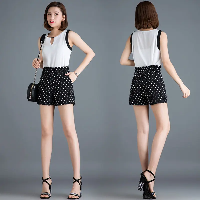 Black Chiffon Polka Dot Shorts for Women's Summer New High Waist Oversized Loose Wide Leg Casual Pants Casual Fashion Clothing