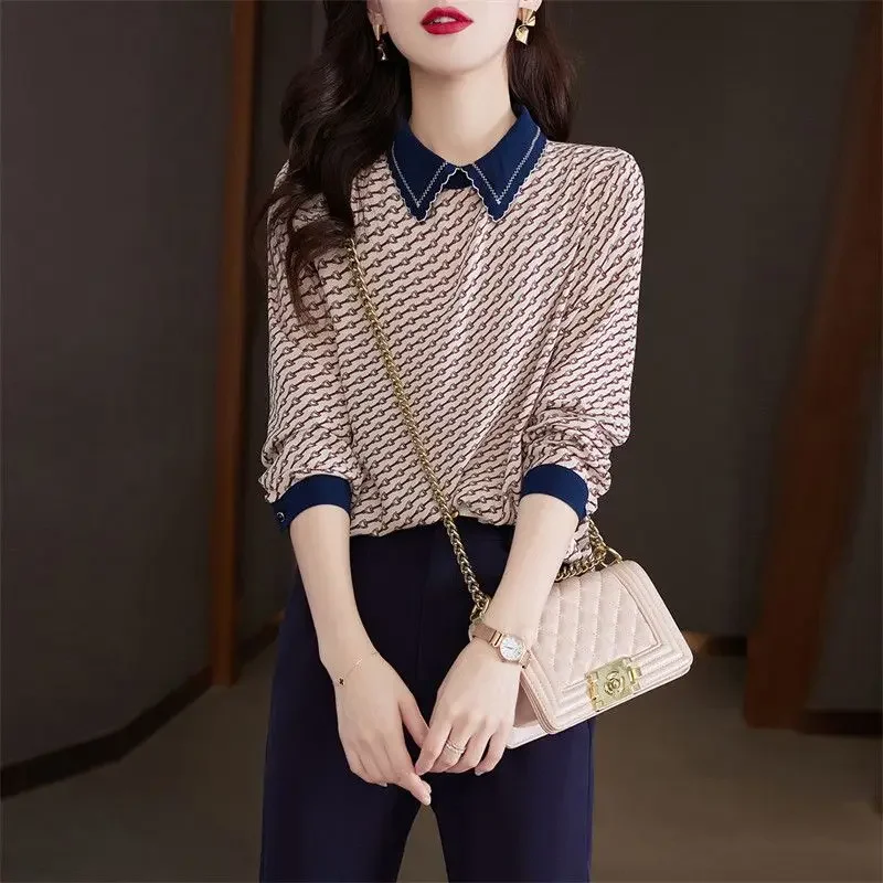 

Fashion Commute Female Polo-Neck Printed Chiffon Shirt Spring Autumn Casual Korean Spliced Long Sleeve Blouse Women's Clothing