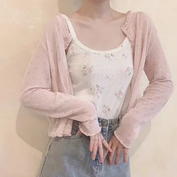 Cute Knitted Cardigan Women Summer Hollow Out Thin Sweater for Sweet Girl Kawaii Clothes 1
