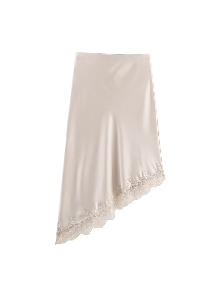 Summer New Women Satin Midi Skirts Simple Fashion Asymmetrical Lace Spliced Skirts Chic Elastic Waist Casual Irregular Skirt