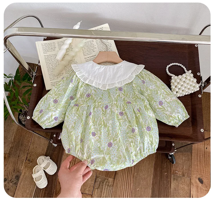 Neue Drehen-unten Kragen Langarm Mädchen Overall Floral Gedruckt Baby Mädchen Strampler Herbst Geburtstag Party Prinzessin Strampler – Detail 10