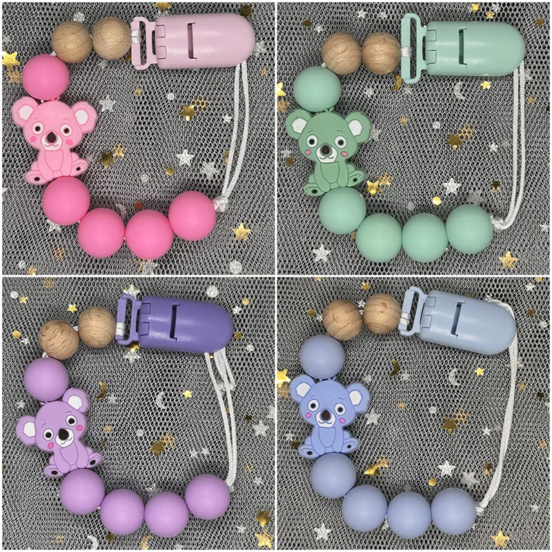 DIY Silicone Baby Pacifier Clip Koala Handmade Beech Chain Holder Soother Gift Round Bead Teething Chain for Care Chew Toys