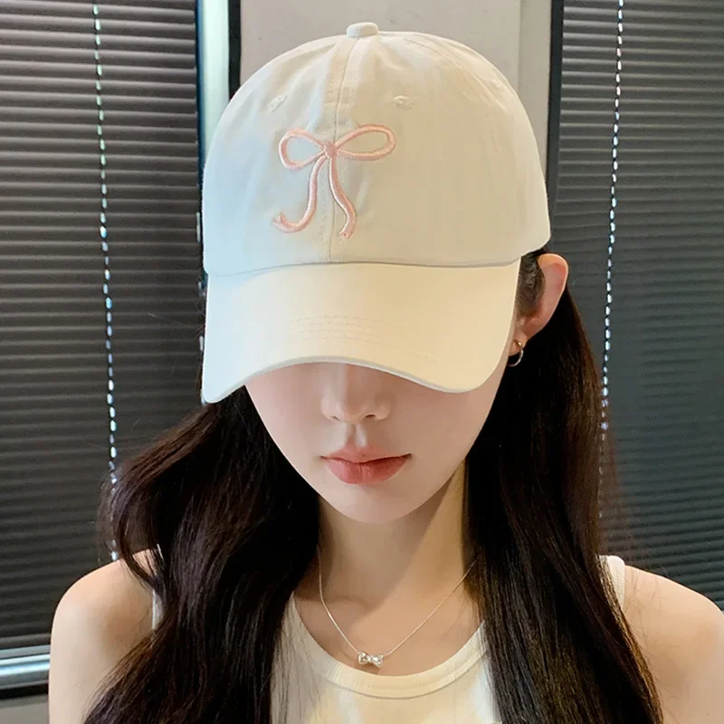 Sweet Bowknot Embroidery Baseball Hat For Women Solid Color Korean Girl Peaked Cap Outdoor Soft Cotton Snapback Sun Visors