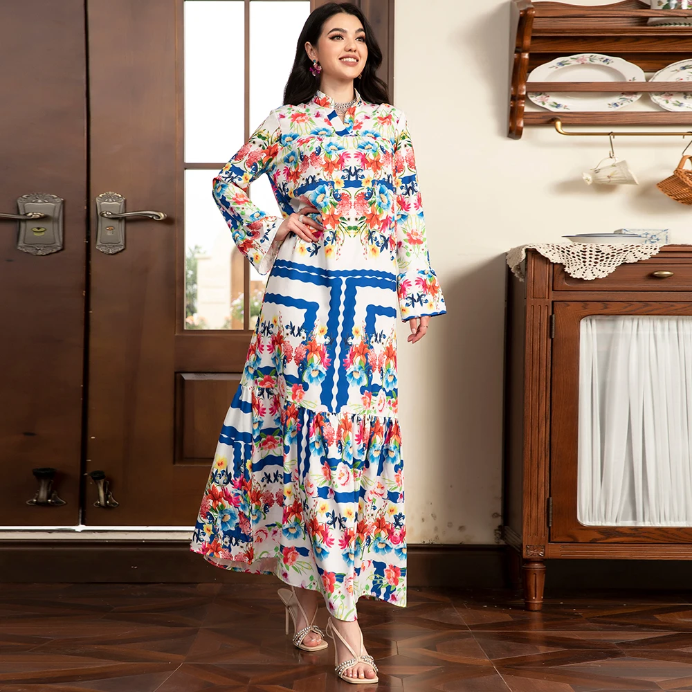 Muslim Abaya Sweet Party Long Dresses for Women V-neck Printing Color contrast Splicing Flared Sleeve Female A-line Skirt Kaftan