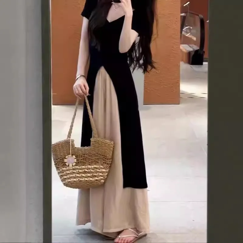 Two-piece women's 2024 summer plus size women's slim temperament wind black coat split waist slim wide-leg pants.