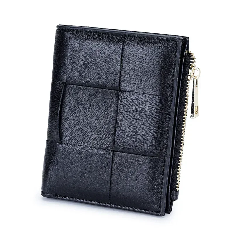 Women Genuine Sheepskin Leather Purse Handbag With Zipper Coin for Female Fashion Short Wallet Money Clip Knitting