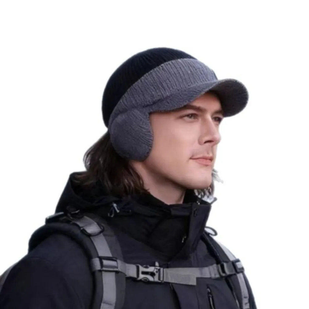 Fashion Ear Protection Men Knitted Cap Keep Warm Casual Beanies Hat Knit Wool Short Brim Ear Muff Hat for Men Women
