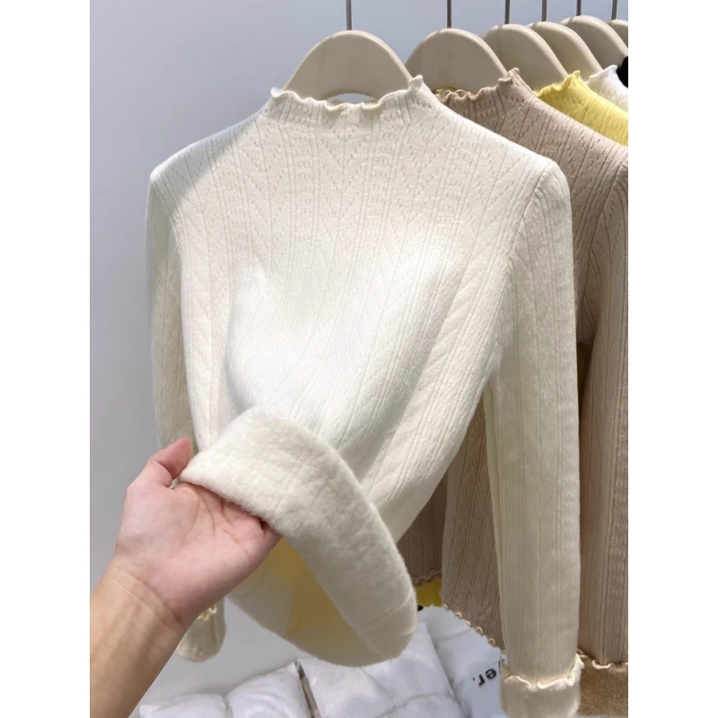 Autumn and Winter Slim-fitting Women's Wooden Ear Edge Semi-turtleneck Long-sleeved Sweater Elegant Integrated Velvet Knitwear