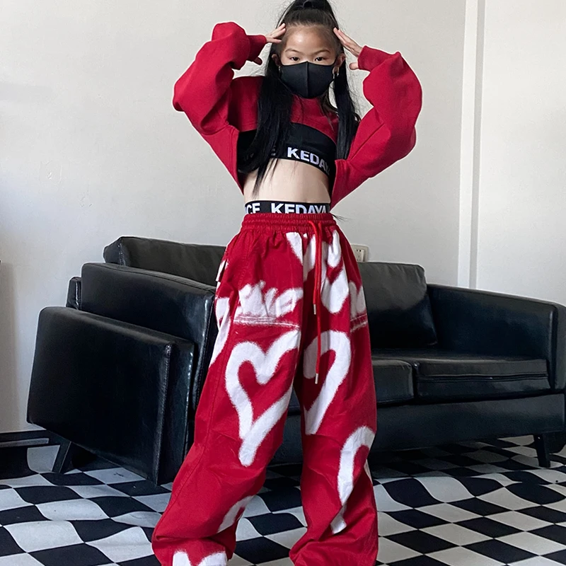 Ballroom Hip Hop Dance Costumes For Girls Hoodie Crop Tops Loose Pants Streetwear Kids Clothing Jazz Stage Wear DQS15454
