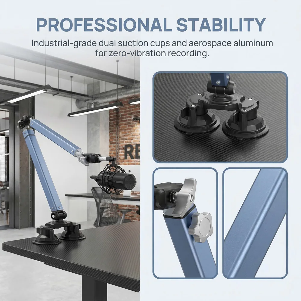 Lanparte 마이크 붐 암, 마이크 스탠드 데스크 3/8 및 5/8 나사산이 있는 이중 흡착 컵 베이스, Hyper X Fifine K669B Shure용 마이크 암