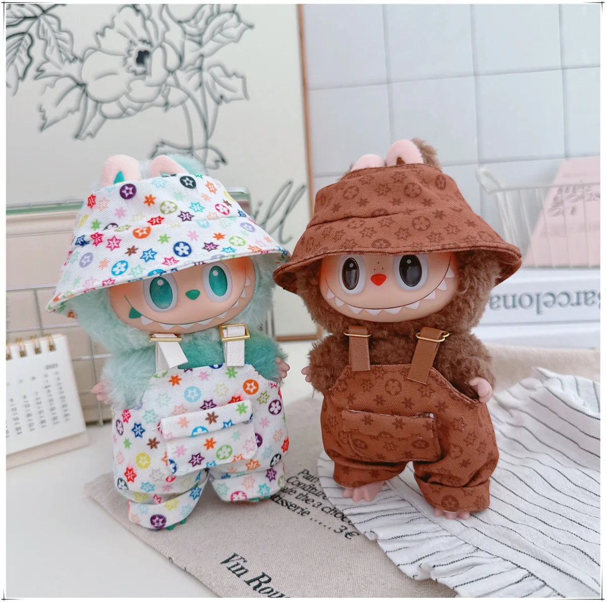 For 17cm Labubu Luxury Clothing Trendy Fisherman Hat Overalls Set V1 V2 V3 Labubu Clothes outfit Doll Accessories DIY Toys 3