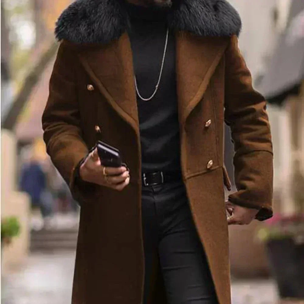 2024 New long Casual Woolen Coat Solid Slim Fit Double breasted Youth Men's Collar clothing trench coat men Wool cloak&mix