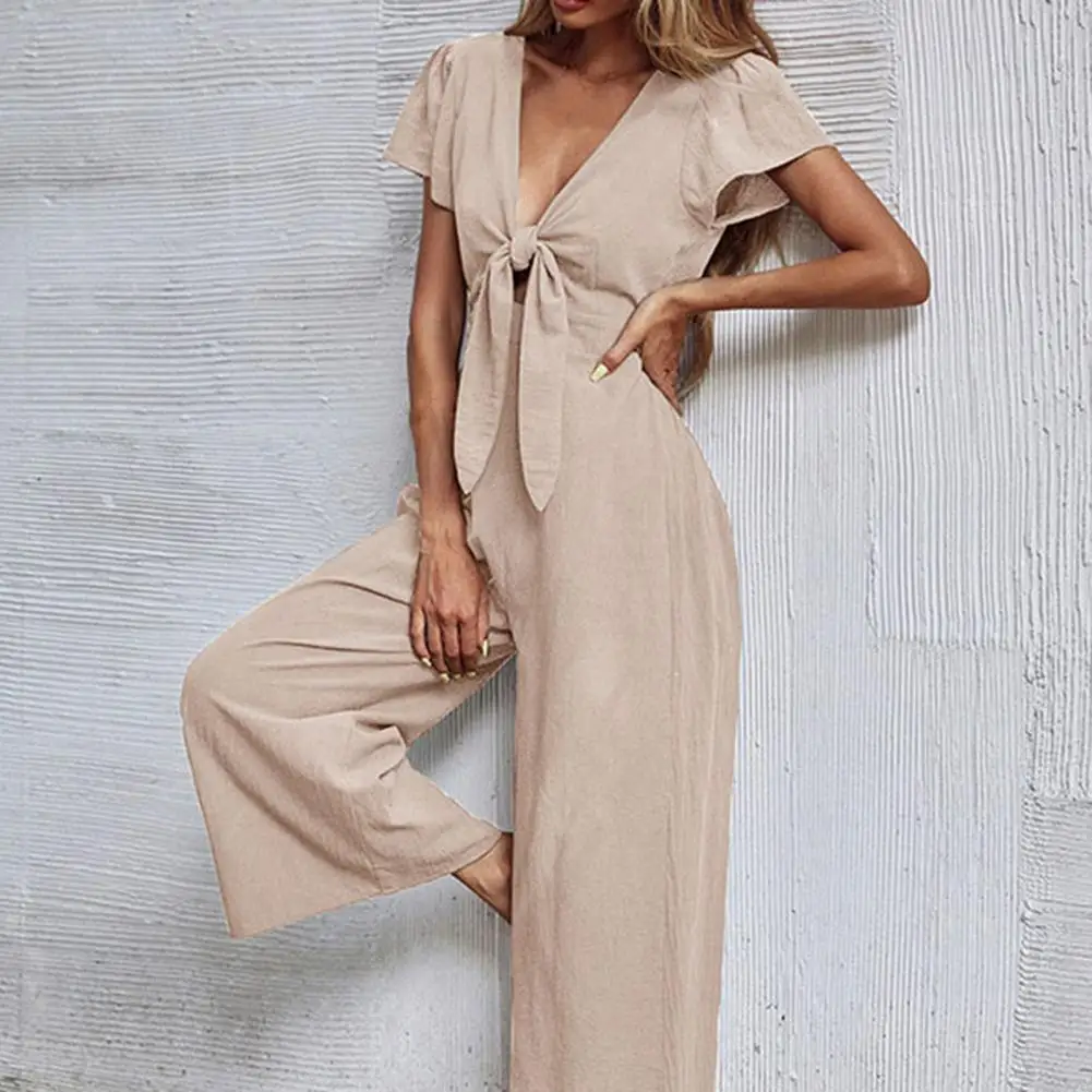 

Women Jumpsuit Stylish Women's V-neck Lace-up Jumpsuit with Wide Leg Pockets Streetwear for Summer Fashionistas Lightweight