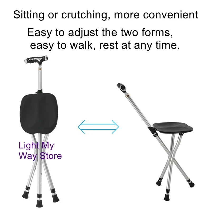 Telescopic Cane Stool with Light Three Legs Cane Chair for Elderly Aluminum Cane with Stool