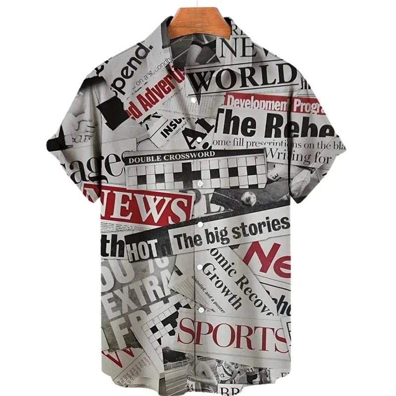 thumbnail image 1 of Camisa retro de manga corta para hombre, periódicos antiguos impresos en 3D, diseño de botones informal y moderno para ropa de calle y hogar, 1 of 4