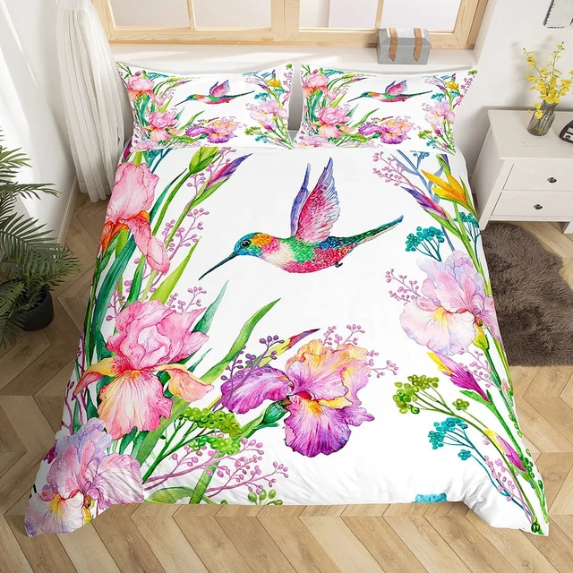 Hummingbird Duvet Cover Set Full Size Girls Garden Birds Farmhouse