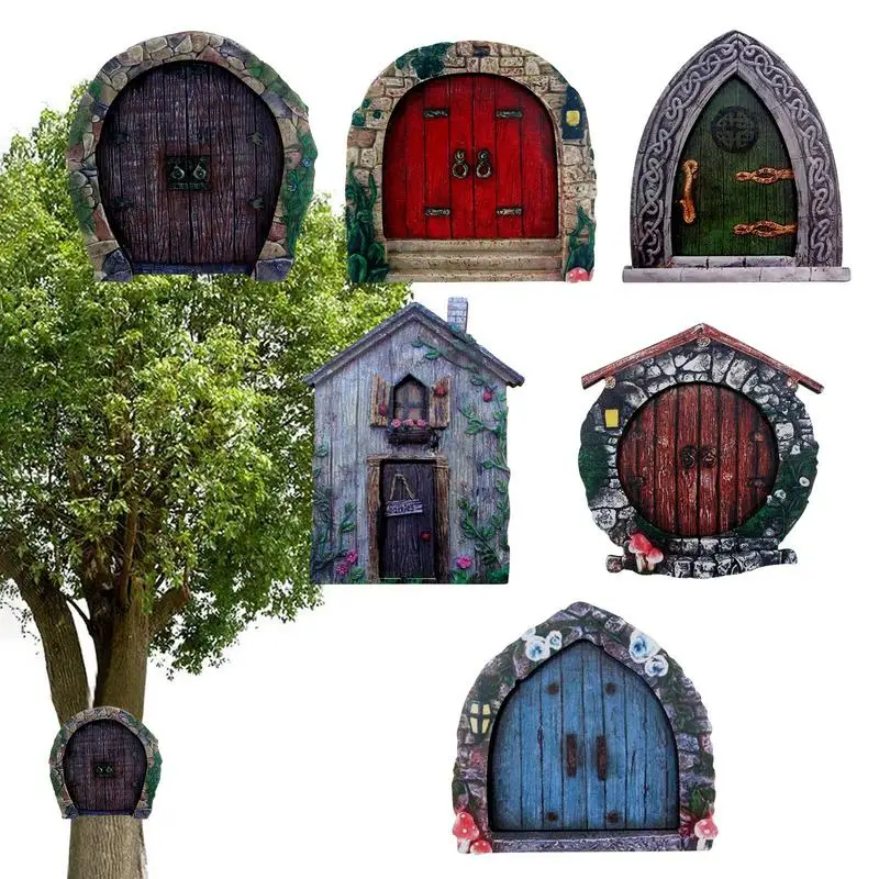 

6PCS Garden Realistic Wooden Pretend Playset Wood Fairy Elf Door Yard Art Garden Tree Decor Colorful Fairy Door Courtyard Decor