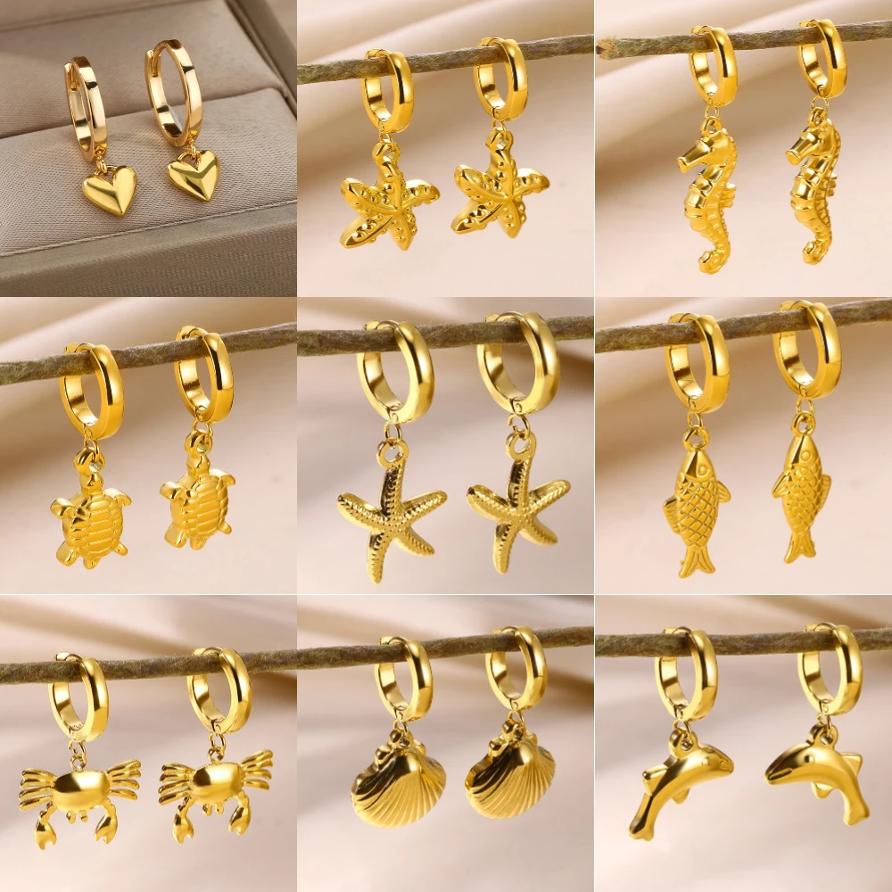 Süßwasser-Seestern-Muschel-Creolen für Damen, Elegante Edelstahl-Ohrringe in Goldfarbe, Weihnachtsschmuck-Accessoires