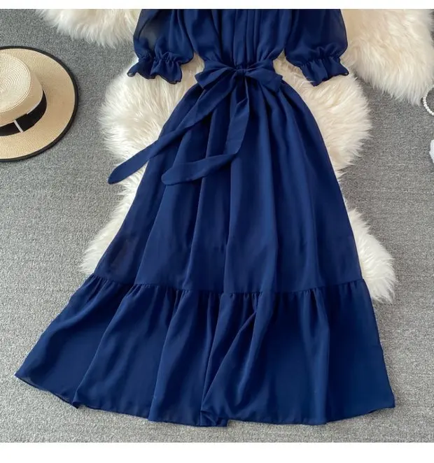 Beach Dress Women Sexy Off The Shoulder Slash Beach Chiffon Dresses Ladies Elegant A Line Bandage Party Dress Long Robe