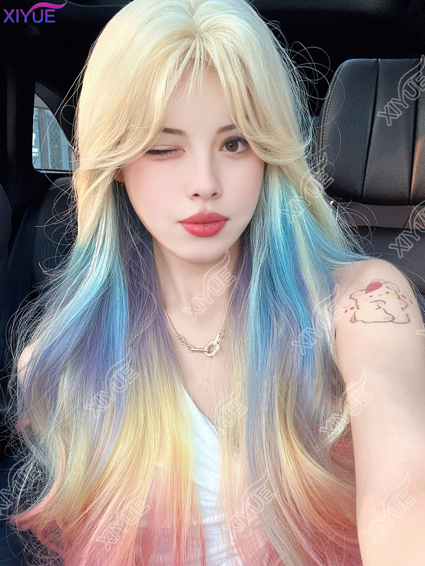XIYUE Dopamine Girl Style Blonde Mix Multicolour Synthetic Wigs Middle Part Long Wavy Hair Wig For Women Cosplay Heat Resistant