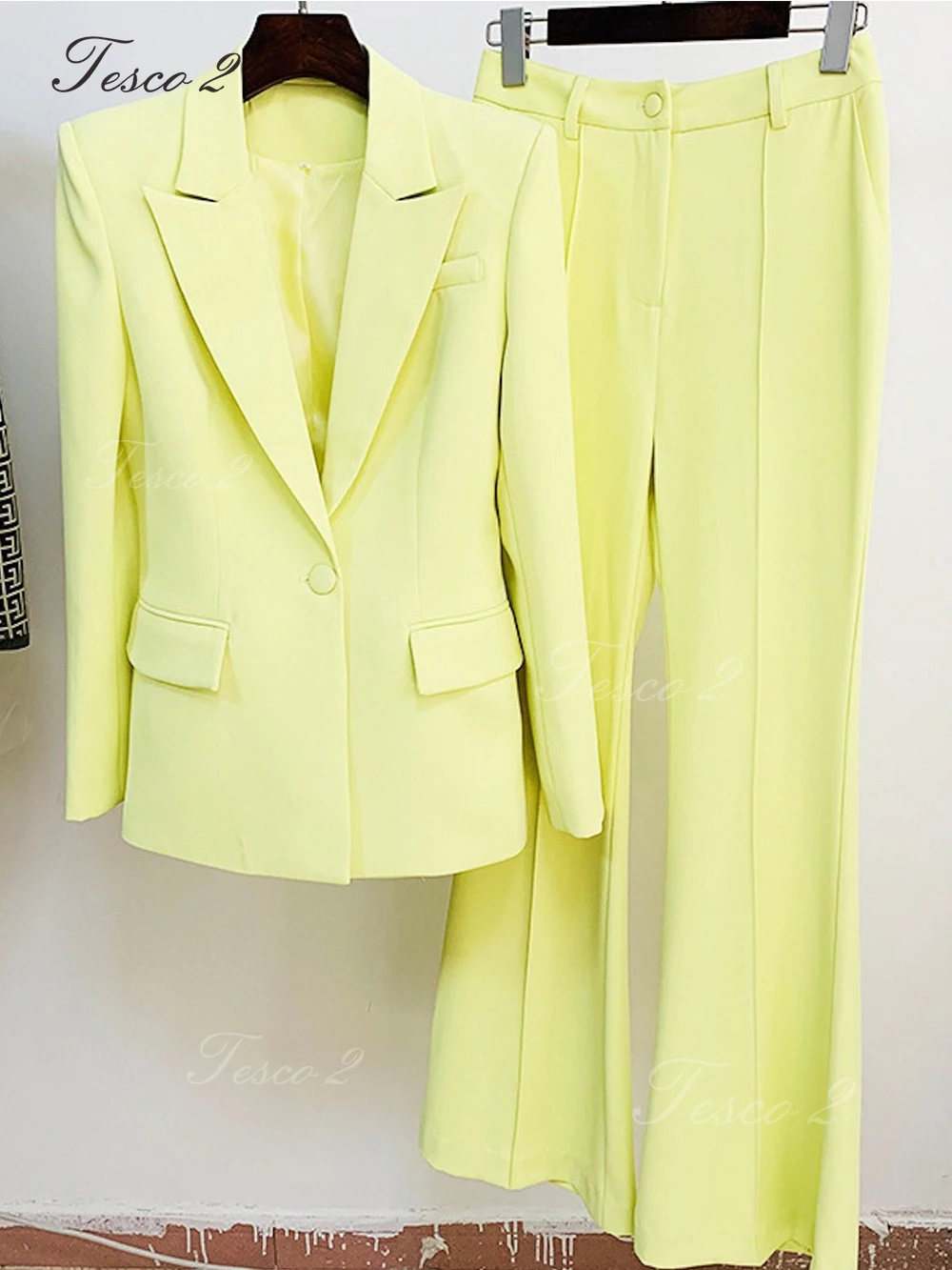 Tesco 2 Formal Women's Suit Slim Fit Long Flare Pants Women Suit 2 Piece Jacket Blazer Pants Chic And Elegant Woman Set