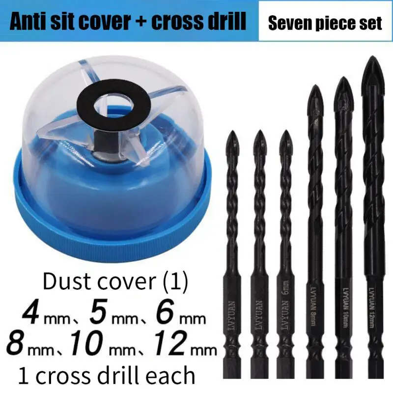 4 12mm Cross Hex Tile Drill Bits Set Electric Hammer Dust Cover