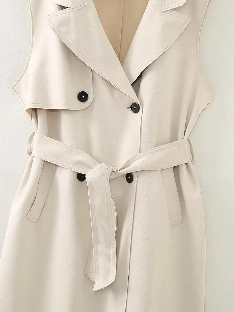 Dave&Di British Fashion Retro Double-Breasted Long Vest CoatElegant Suede  Casual Sleeveless Suit Jacket Women Tops