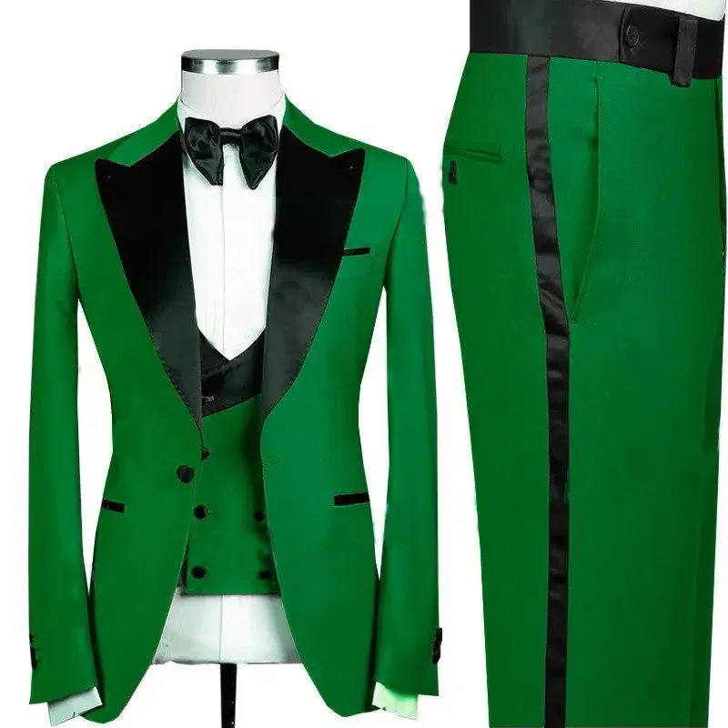 

Men's Blazer Trousers Green Suit Party Wear 1 Button Peaked Lapel Prom Tuxedo Slim Fit For Groom Wedding 3Pcs Jacket Pants Vest