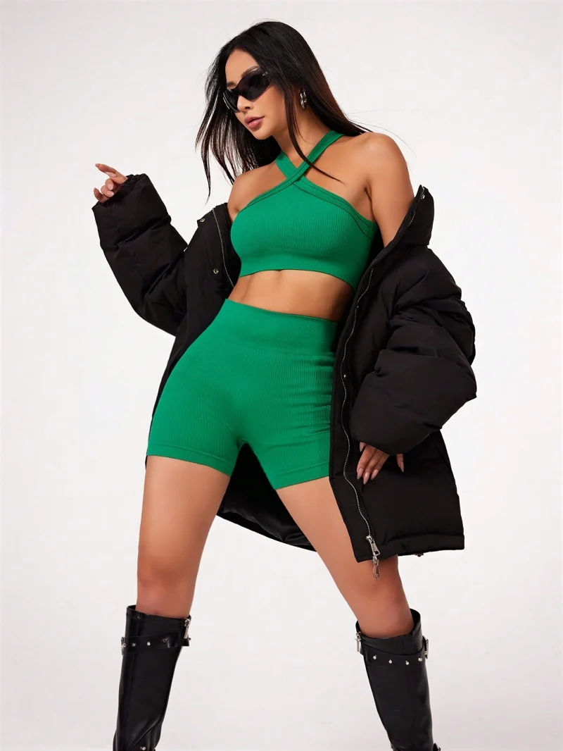 طقم يوجا صالة ألعاب عارية للنساء ، ملابس تمارين ، شورت يوغا عالي الخصر ، حمالة صدر رياضية بأربطة ، أطقم قصيرة ، الصيف ، 2 * *