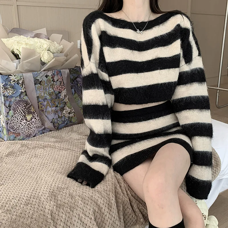 Autumn Striped Two-piece Skirt Set Women Long Sleeve Cropped Off Shoulder Top Bodycon Mini Skirt Korean Fashion Suits New