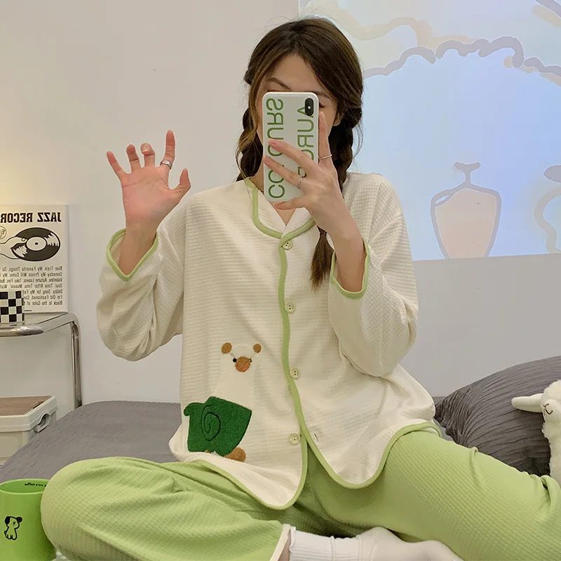Women 2 Pieces Pajamas Sets Cotton Pijama Print Female Pyjama Sleepwear Long Sleeve Lapel Shirt Pants Suit Homewear Loungewear