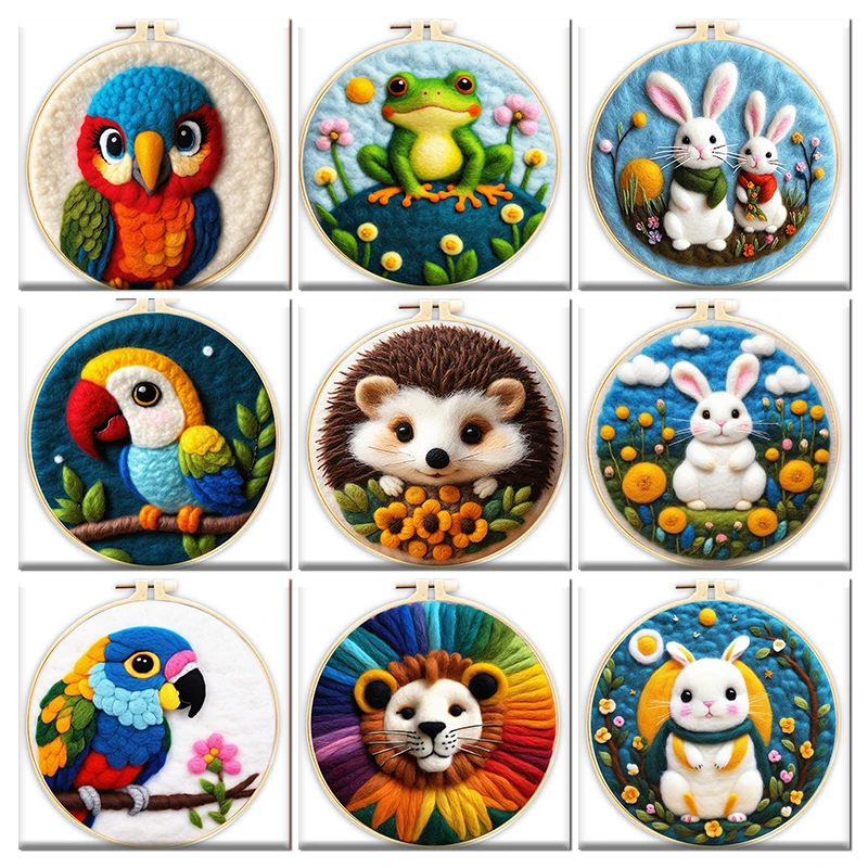 GATYZTORY Wool Felt Painting With Embroidery Creative Kit Craft Painting Needle Felting Rabbit, Parrot, Lion Home Wall Decor