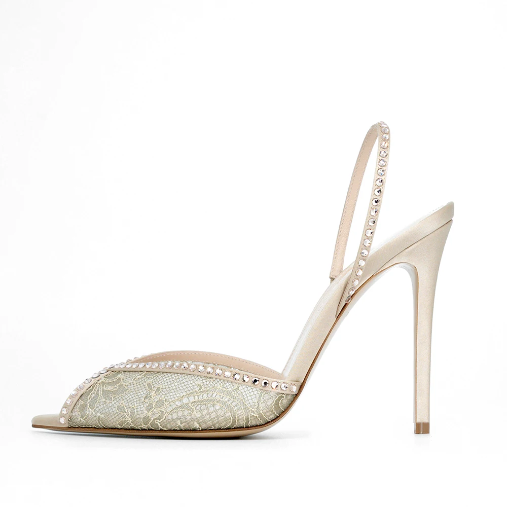 Luxury Shoes Women High Heels Pointy Peep Toe Lace Mesh Stiletto Sharp Heel Slingbacks With Crystals 3