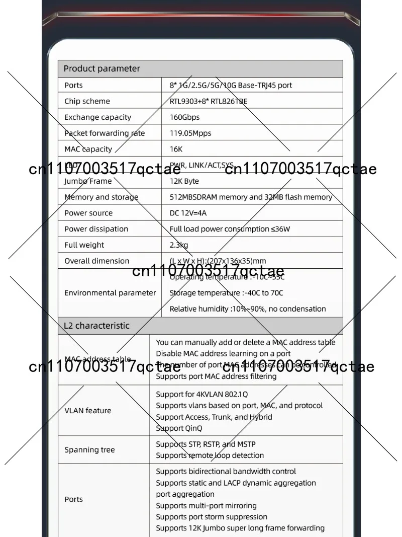 레이어 3 관리형 이더넷 스위치 (8포트 10G RJ45, 정적 라우팅 VLAN, 온도 제어 팬 포함)