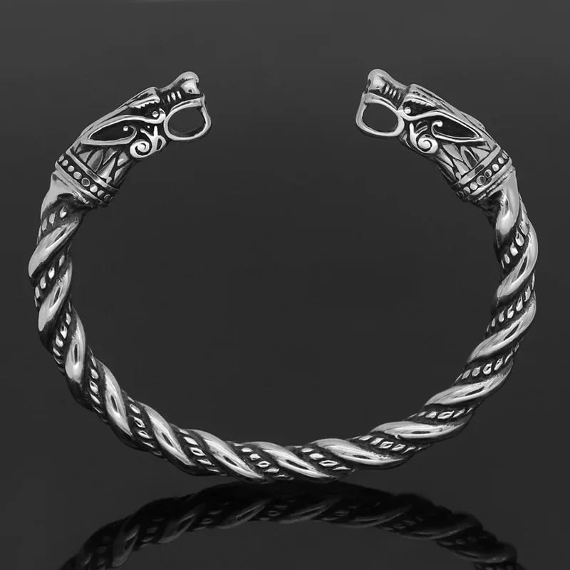 Norse Viking Wolf Head Bracelet Stainless Steel Opening Adjustable Wristband Cuff Snake Bangle for Men Fashion Jewelry stainless steel bracelet metal bracelet