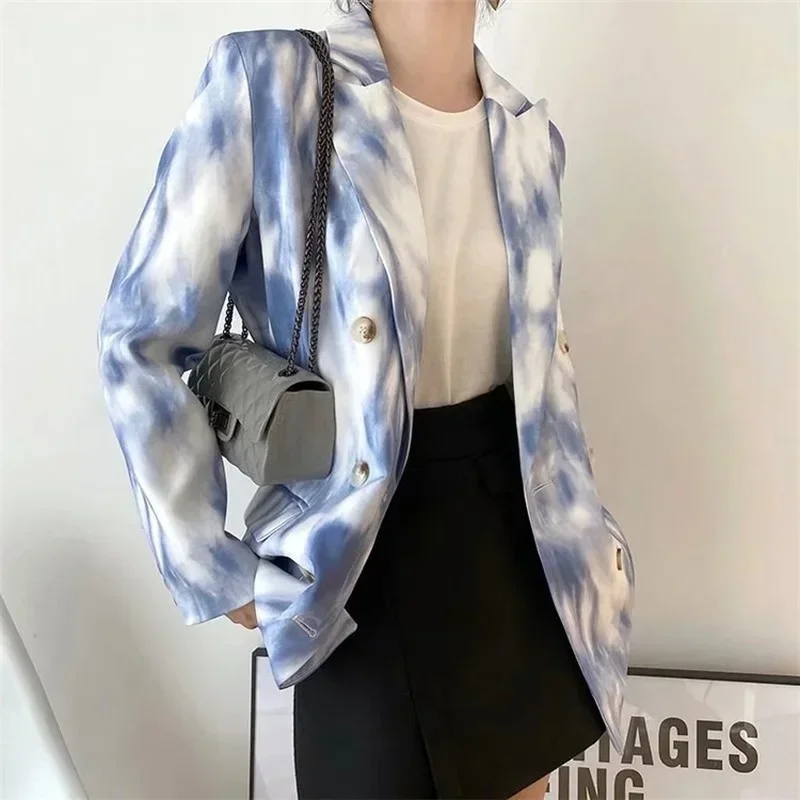 Casual Simple Gradient Color Blazer 2023 Women New Fashion Mid-Length Double Breasted Commute Office Blazer Autumn Winter Suit