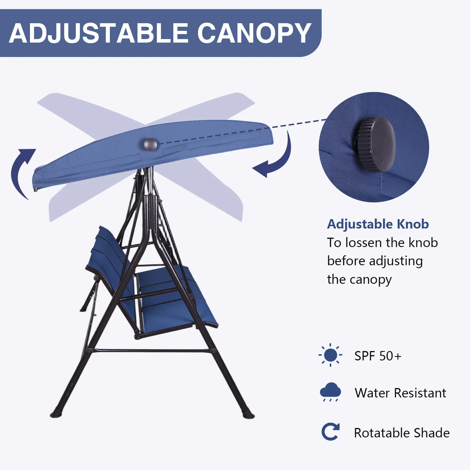 Iron 3 Seat Patio Porch Swing with Adjustable Canopy