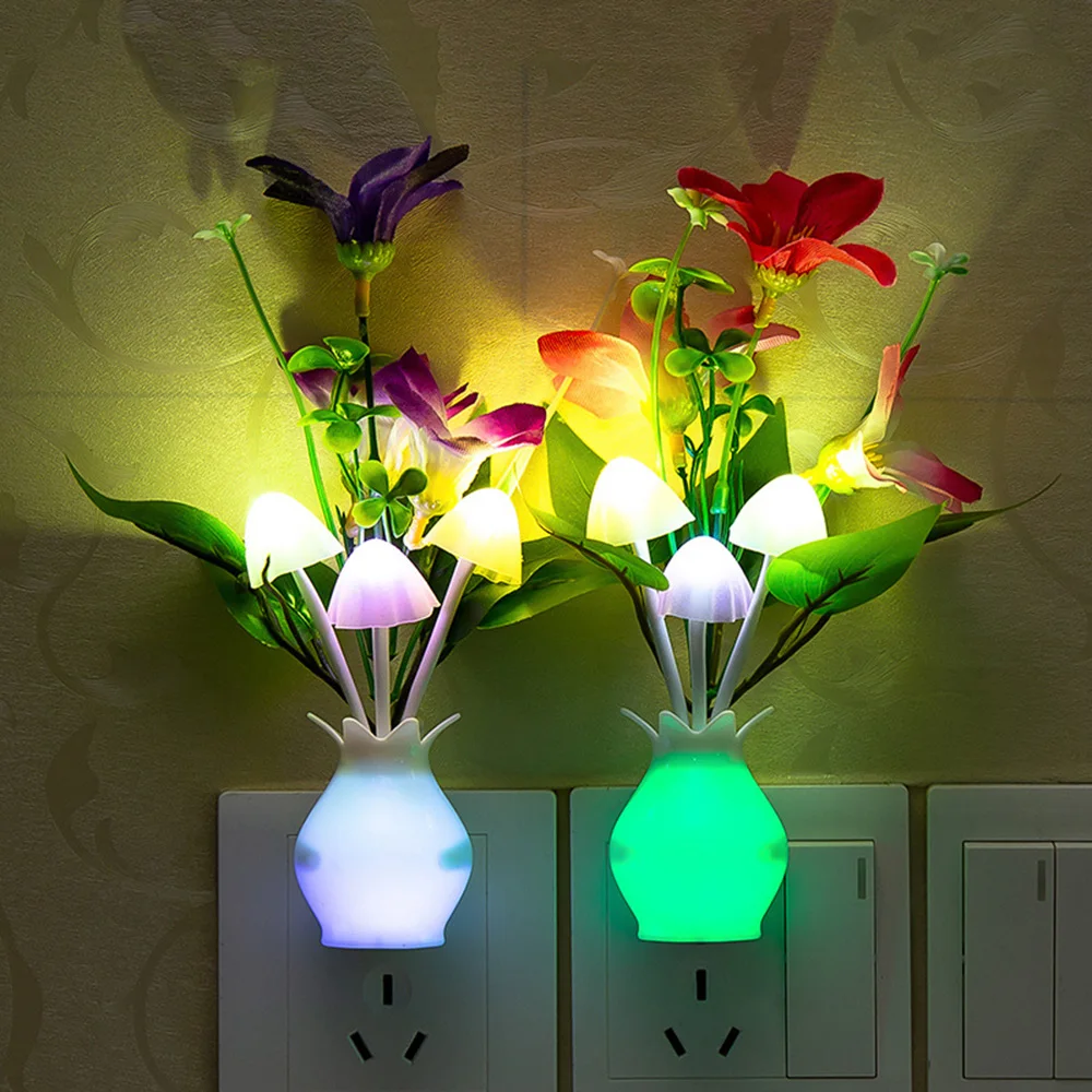 LED Night Light Sensor Plug-in Auto Switch Rose Flower Luminous Vase Night Light Wall Bedroom Living Room 1Pc